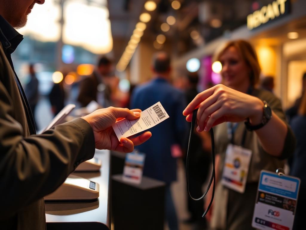Einlasskraft scannt am Eventeingang ein Ticket und übergibt einem Gast ein Akkreditierungsband