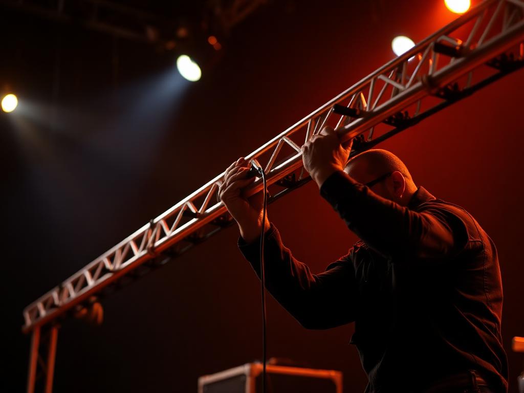 Stagehand sichert im Bühnenlicht ein Traversenelement und verlegt Kabel bei der Bühnenvorbereitung