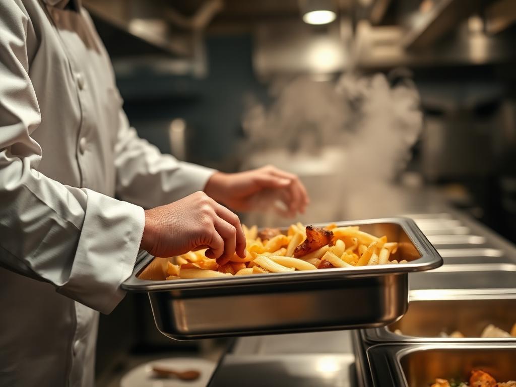 Küchenhilfe von Staff Rent gibt in einer Großküche Speisen aus einem Edelstahlblech aus
