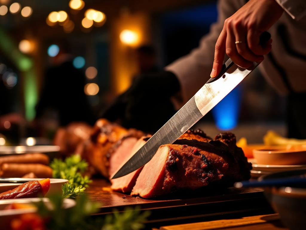 Küchenhilfe schneidet mit einem Tranchiermesser Braten an einer Carving-Station beim Event-Catering