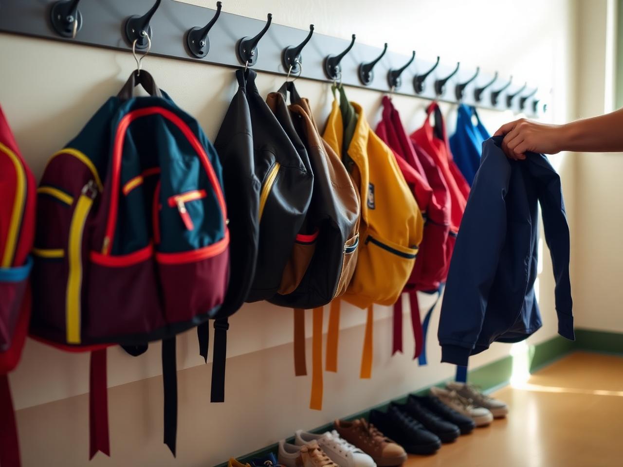 Schulgarderobe mit bunten Rucksäcken und Jacken an Haken, darunter Schuhe