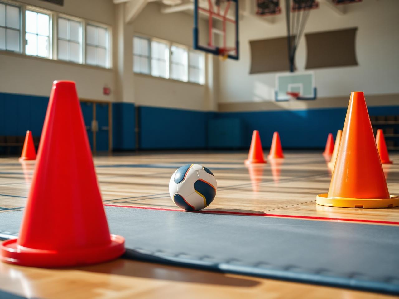 Bunte Pylonen, ein Ball und Matten auf dem Boden einer hellen Schulturnhalle