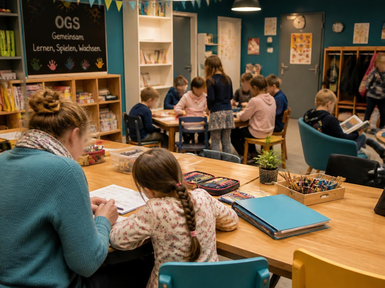 Lebendiger OGS-Raum mit Kindern und Betreuungskräften bei Hausaufgaben, Spiel und Gemeinschaft