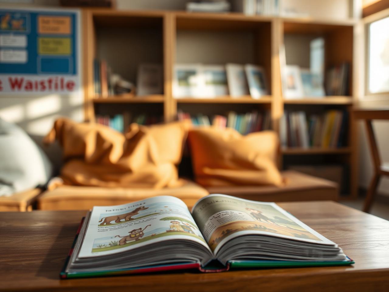 Aufgeschlagenes Bilderbuch auf einem Holztisch in einer Leseecke mit Kissen und Bücherregalen