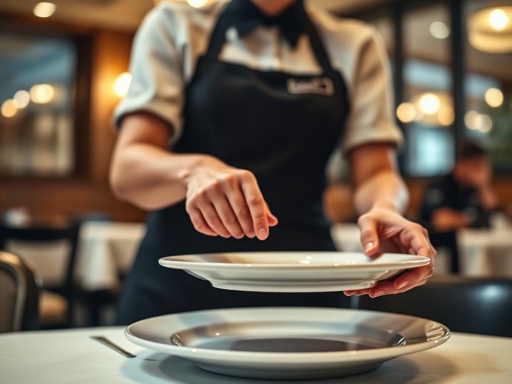Servicekraft in schwarzer Schürze stellt einen Teller auf einem eingedeckten Restauranttisch ab